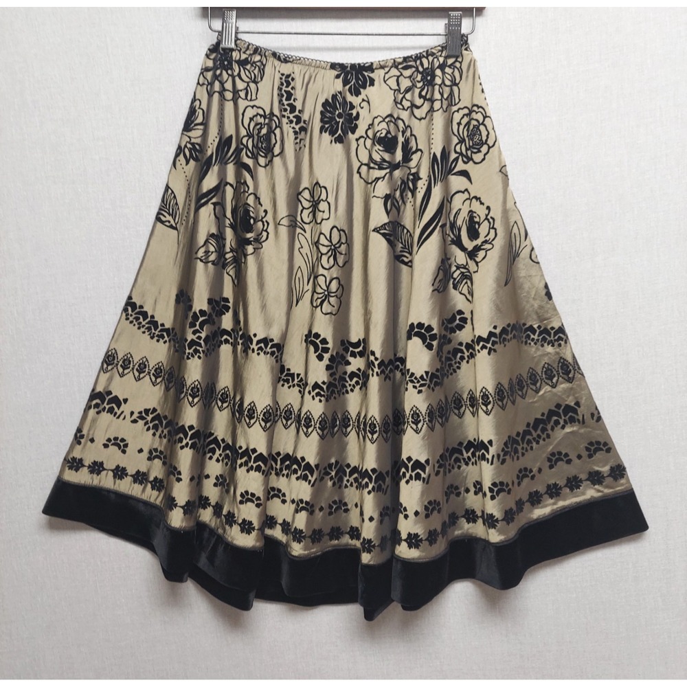 MSK A-line Skirt S Floral Flocked Velvet Satin Midi Whimsigoth Boho Gothic Black